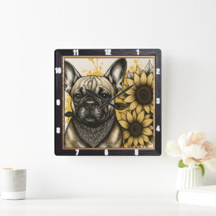 Bulldog-Sonnenblume-Grafik Quadratische Wanduhr