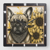 Bulldog-Sonnenblume-Grafik Quadratische Wanduhr (Vorderseite)