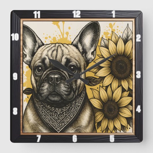 Bulldog-Sonnenblume-Grafik Quadratische Wanduhr (Vorderseite)