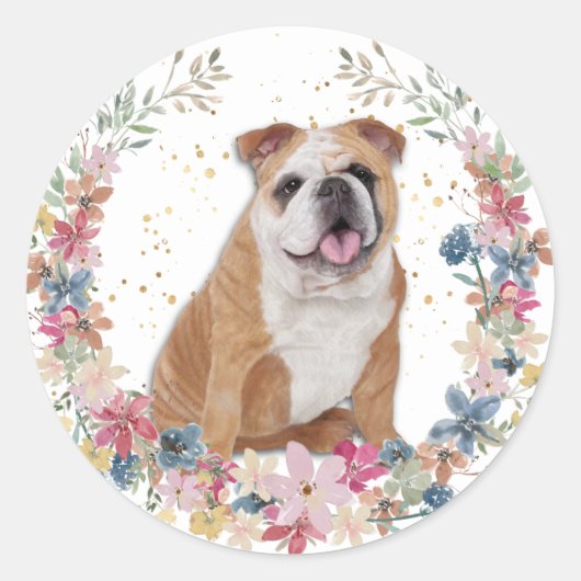 Bulldog Spring Flowers Kranz Runder Aufkleber (Vorderseite)