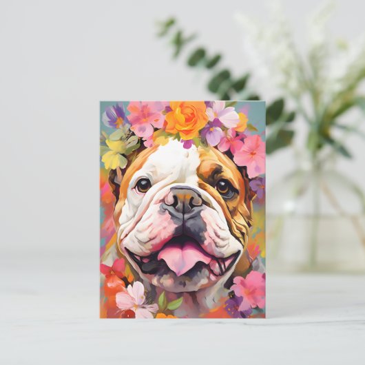 Bulldog Spring Flowers Postkarte (Stehend Vorderseite)