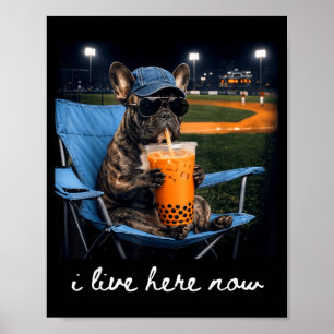 Bulldog trinkt Eiskaffee Baseballfeld live hier Poster