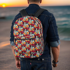 Bulldog und Tropical Red Orange Hibiskus Patterh Bedruckter Rucksack