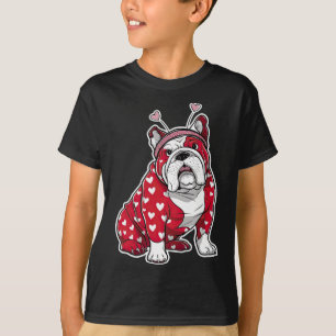 Bulldog Valentinstag Karo Herz Muster Hundekopf T-Shirt