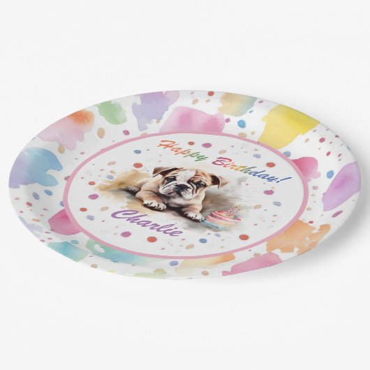 Bulldog-Watercolor-Papierplatte Pappteller (Schrägansicht)