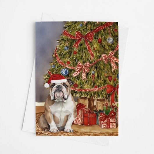Bulldog Watercolor unter Weihnachtsbaum Karte