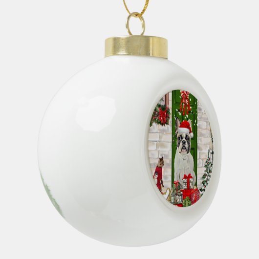Bulldog Weihnachten Keramik Kugel-Ornament (Links)