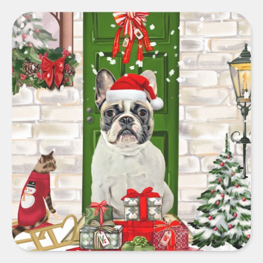 Bulldog Weihnachten Quadratischer Aufkleber (Vorderseite)