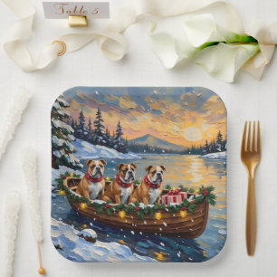 Bulldog-Weihnachtsboot-Feiertag Pappteller