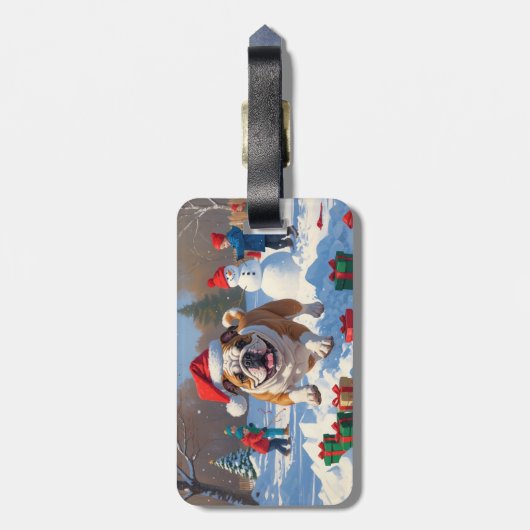 Bulldog Weihnachtsfest Schneeszene Gepäckanhänger (Rückseite vertikal)