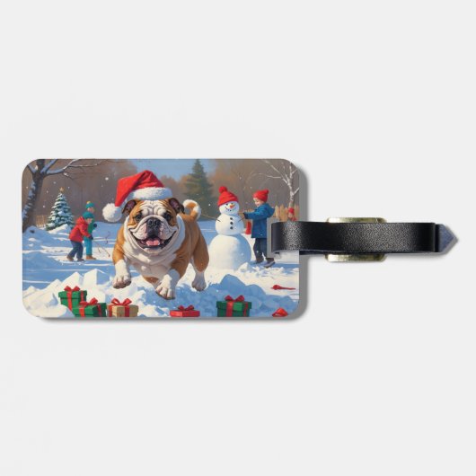Bulldog Weihnachtsfest Schneeszene Gepäckanhänger (Rückseite horizontal)