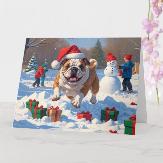 Bulldog Weihnachtsfest Schneeszene Karte (Orchidee)