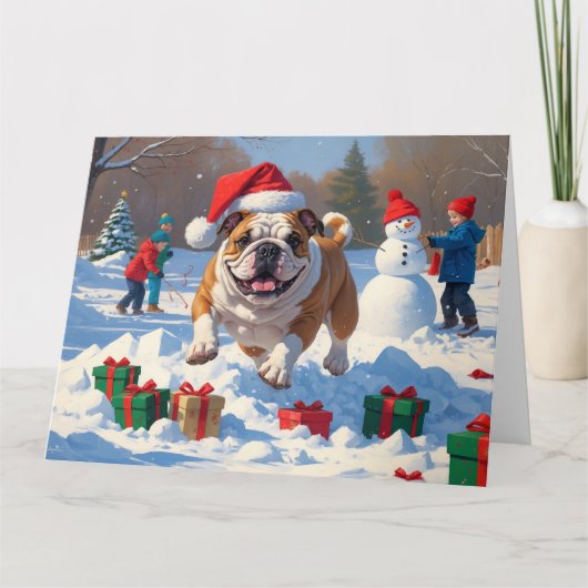 Bulldog Weihnachtsfest Schneeszene Karte (Vorderseite)