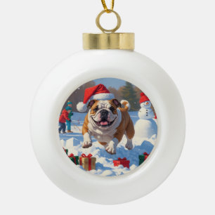 Bulldog-Weihnachtsfest-Schneeszene Keramik Kugel-Ornament