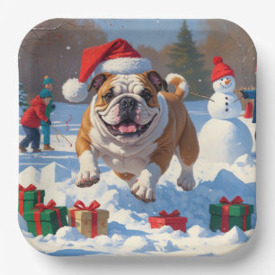 Bulldog-Weihnachtsfest-Schneeszene Pappteller