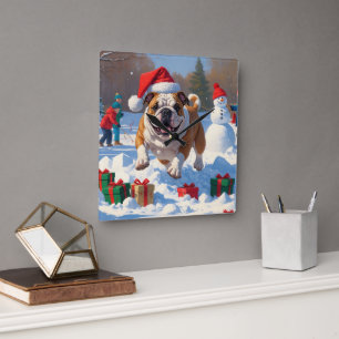 Bulldog-Weihnachtsfest-Schneeszene Quadratische Wanduhr