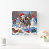 Bulldog Weihnachtsfest Schneeszene Quadratische Wanduhr (Zuhause)