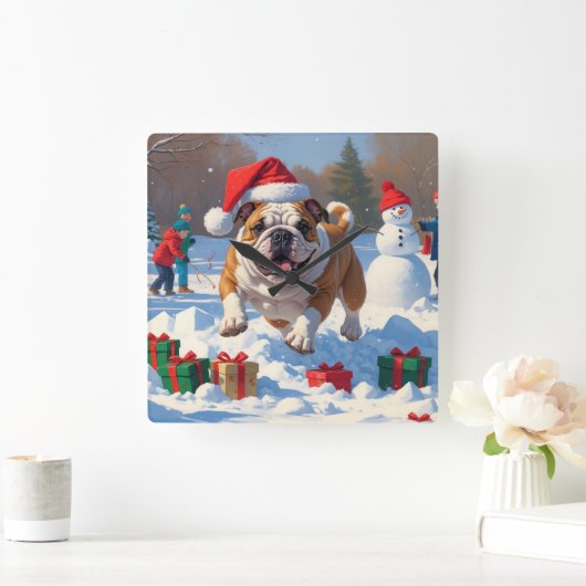 Bulldog Weihnachtsfest Schneeszene Quadratische Wanduhr (Zuhause)