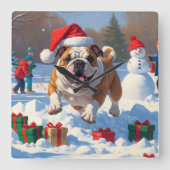Bulldog Weihnachtsfest Schneeszene Quadratische Wanduhr (Vorderseite)