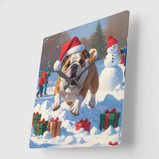 Bulldog Weihnachtsfest Schneeszene Quadratische Wanduhr (Winkel)