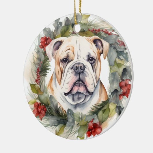 Bulldog Weihnachtsmann Keramik Ornament (Links)