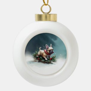 Bulldog Weihnachtsschnee im Winter Keramik Kugel-Ornament
