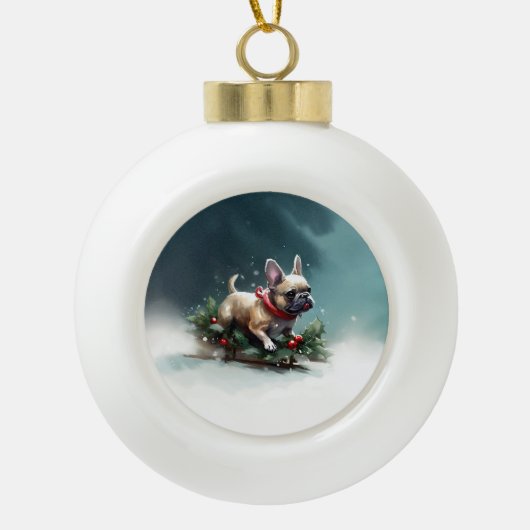 Bulldog Weihnachtsschnee im Winter Keramik Kugel-Ornament (Vorderseite)