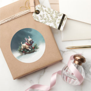 Bulldog Weihnachtsschnee im Winter Runder Aufkleber