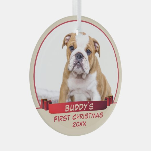 Bulldog Welpe 1. Weihnachts Red Ribbon Dog Foto Ornament Aus Glas (Vorderseite Rechts)