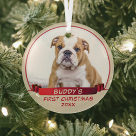 Bulldog Welpe 1. Weihnachts Red Ribbon Dog Foto Ornament Aus Glas
