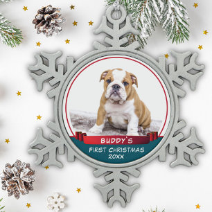 Bulldog Welpe 1. Weihnachts Red Ribbon Dog Foto Schneeflocken Zinn-Ornament
