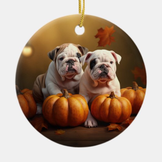 Bulldog Welpe Autumn Delight Pumpen Keramik Ornament (Vorne)