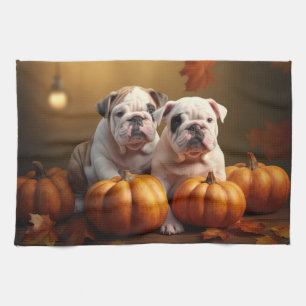 Bulldog Welpe Herbstfreude Kürbis Geschirrtuch
