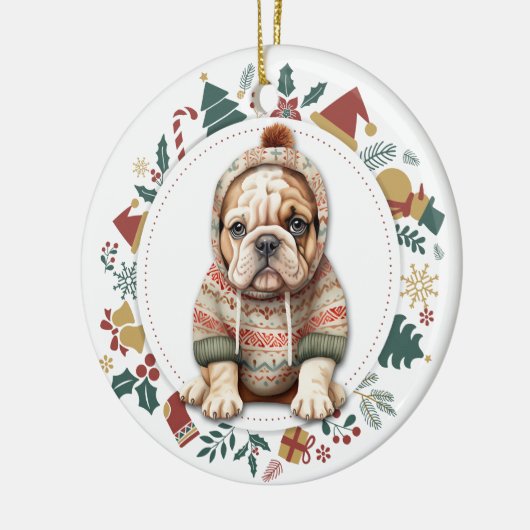 Bulldog Welpe im Winter Sweep Weihnachten Keramik Ornament (Links)