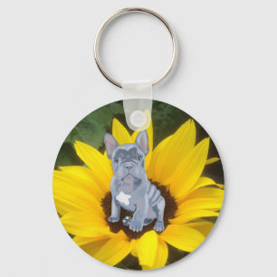 Bulldog Welpe und Sonnenblume Schlüsselanhänger