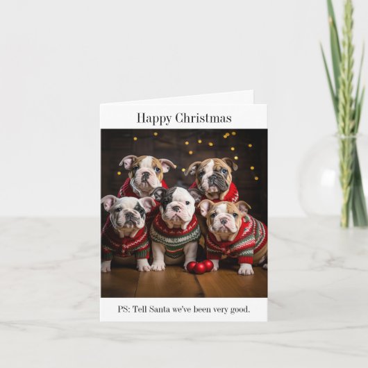 Bulldog Welpen in Weihnachten Sweaters Karte (Vorderseite)