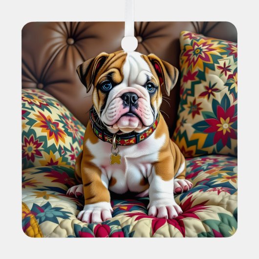Bulldog Welpenhund Personalisiert Weihnachten Ornament Aus Metall (Vorderseite)