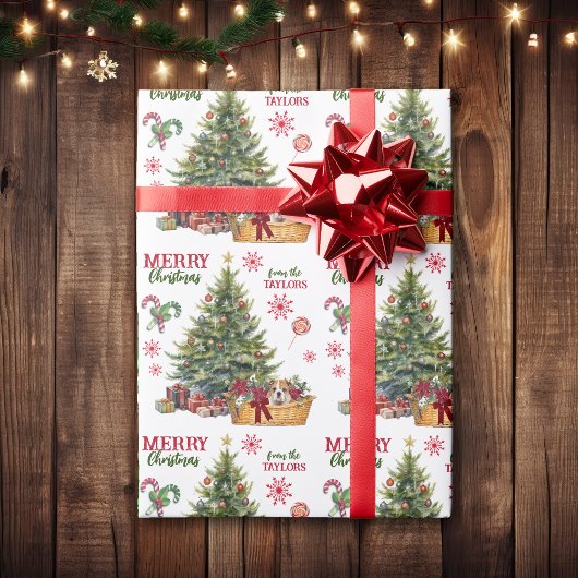 Bulldog Welpenkörbe unter dem Baum Geschenkpapier