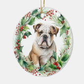Bulldog Welppy Holly Wreath Weihnachten Keramik Ornament (Links)