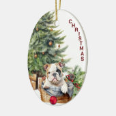 Bulldog Welppy Wicker Weihnachtskorb Keramik Ornament (Links)