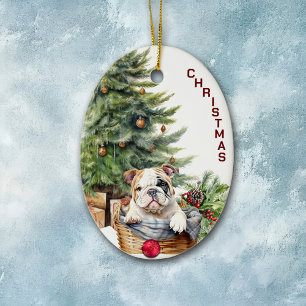 Bulldog Welppy Wicker Weihnachtskorb Keramik Ornament
