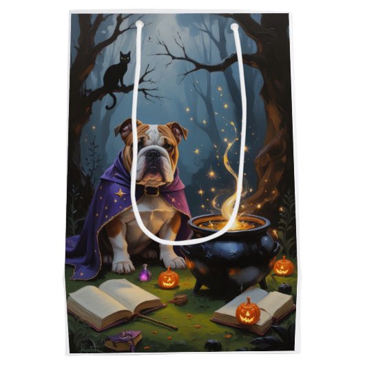Bulldog Whimsical Halloween Malerei Mittlere Geschenktüte (Rückseite)