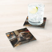 Bulldog with Christmas Lights Holiday Glasuntersetzer (Schrägansicht)