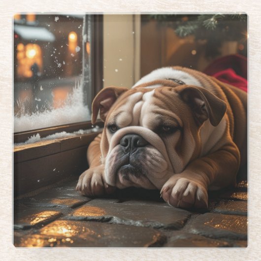 Bulldog with Christmas Lights Holiday Glasuntersetzer (Vorderseite)