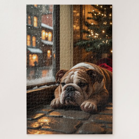 Bulldog with Christmas Lights Holiday Puzzle (Vertikal)