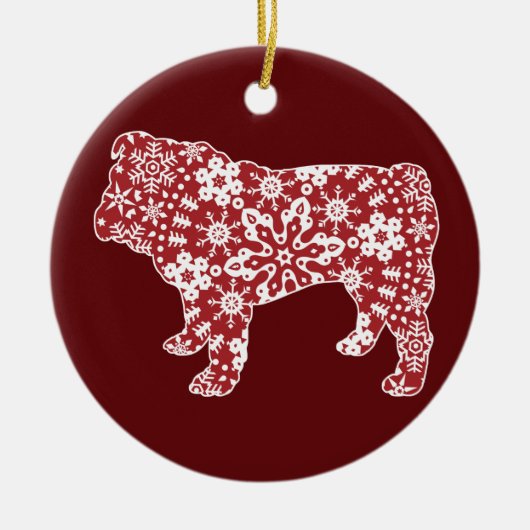 Bulldogge, Boho Weihnachtsschneeflocken Keramikornament (Vorne)