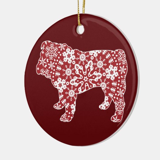 Bulldogge, Boho Weihnachtsschneeflocken Keramikornament (Links)