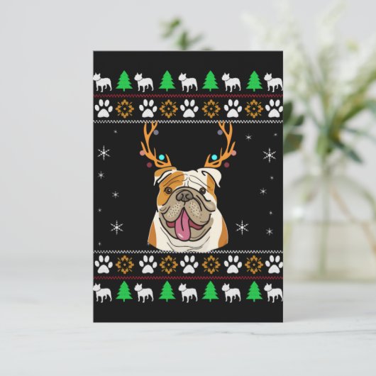 Bulldogge mit Antlern in einem UGLY Weihnachten Dankeskarte (Stehend Vorderseite)