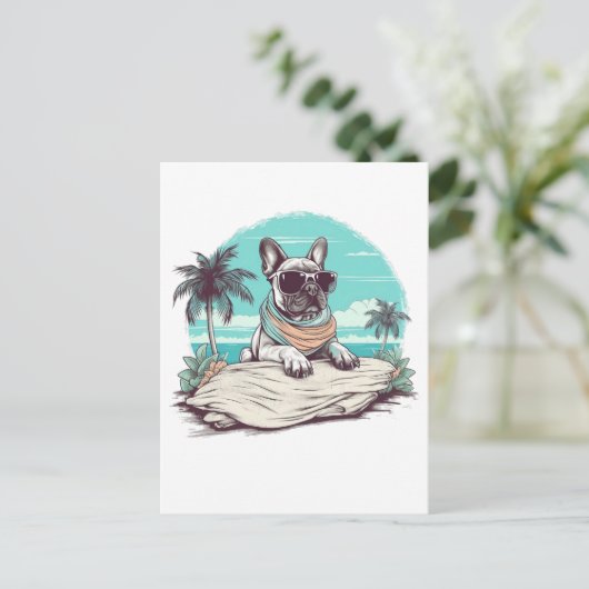 Bulldogge mit Sonnenbrille am Strand Postkarte (Stehend Vorderseite)