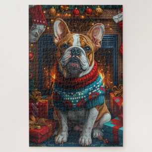 Bulldogge mit Weihnachtsgeschenken Kamin Puzzle